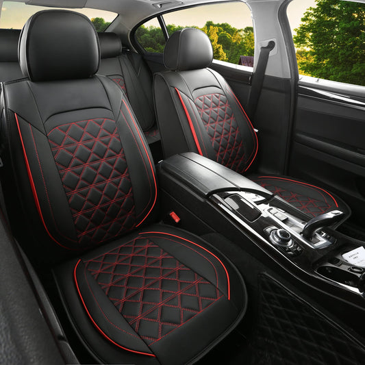JDWBT Luxury Car Seat Covers Faux Leather Universal, Car Seat Covers Compatible Airbag, Car Seat Covers For Most Sedans, SUVs (Black Red, Full Set)