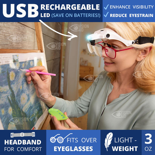 Vision Aid magnifying glass with LED light 5 lenses headband protective storage case glasses magnifier hands-free illuminated head-mounted magnifier for hobby crafting macular degeneration painting eyeglass wearers close work