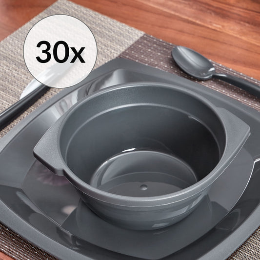 Grizzly party tableware set. 30-piece set of reusable cereal bowls. Dishwasher safe, shatterproof, sturdy, 100% recyclable. Reusable anthracite bowls.