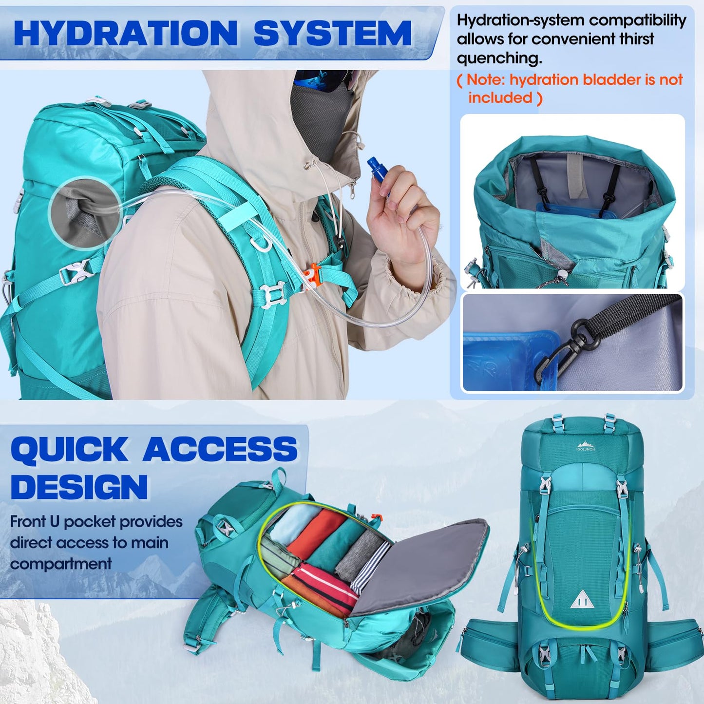 IGOLUMON trekking backpack 60L hiking backpack for men and women travel backpack large backpack with rain cover for camping trekking mountaineering outdoor travel, green