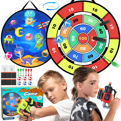 Oneyus kids dartboard 73cm, kids toy double-sided dartboard with 2 blasters 20 foam bullets 6 Velcro ball throwing game kids balls, 6 darts, indoor outdoor games for kids gifts.