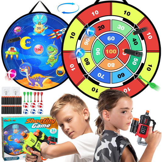 Oneyus kids dartboard 73cm, kids toy double-sided dartboard with 2 blasters 20 foam bullets 6 Velcro ball throwing game kids balls, 6 darts, indoor outdoor games for kids gifts.