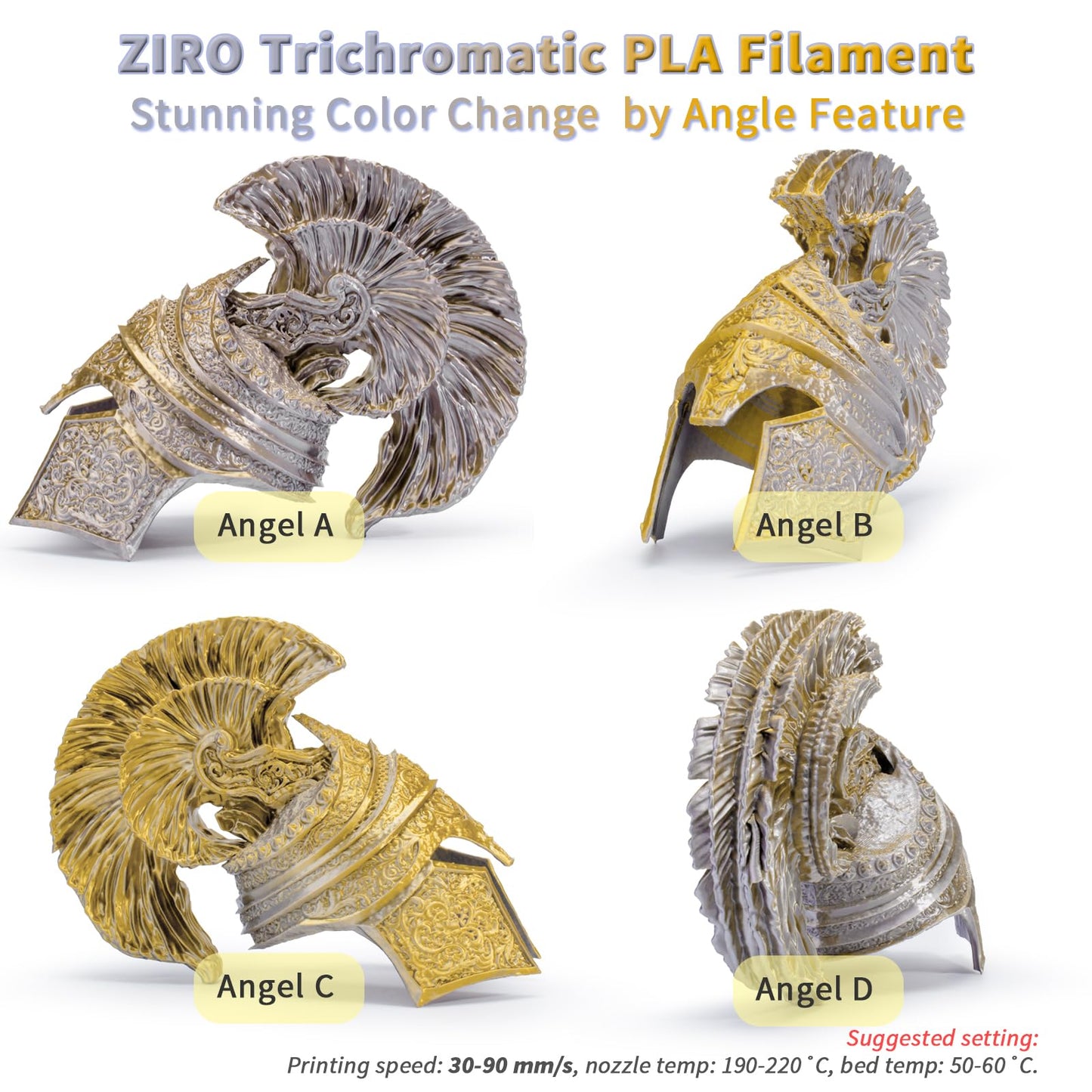 ZIRO PLA Filament Dual Color Coextrusion Silk 3D Printer Filament 1.75mm for 3D Printers & 3D Pens, Multicolor PLA Rainbow Filament, 1kg (2.2lbs), Gold & Silver Color
