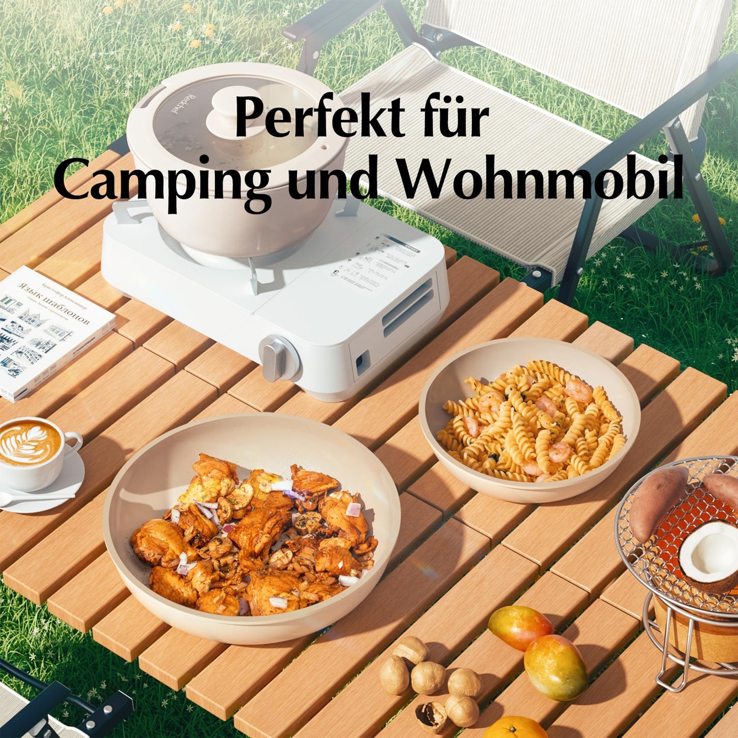 Redchef Ceramic Pan Set with Detachable Handle, RV Cookware Set for Camping, Ceramic Non-Toxic Pot and Pan Set, PTFE-free PFAS-free PFOA-free, Space-Saving Dishwasher Safe.