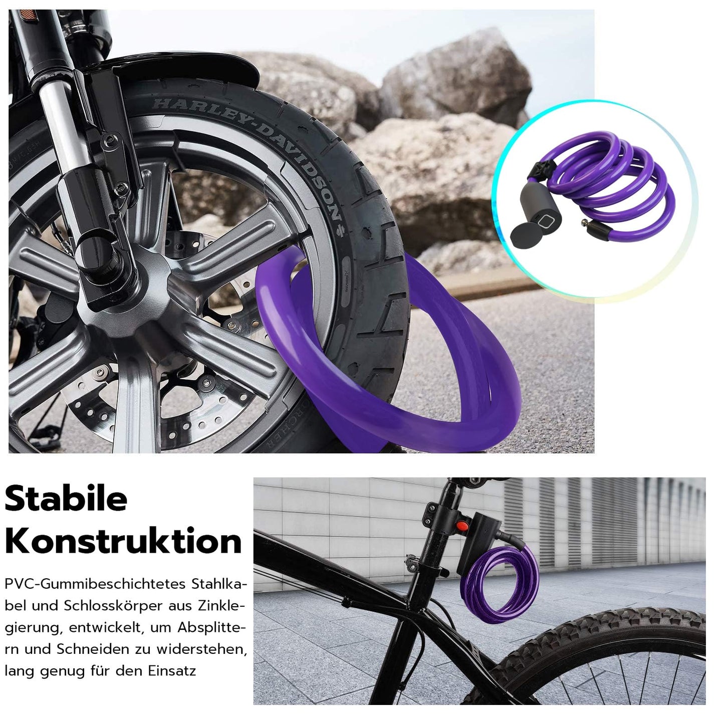 Anweller bike lock with fingerprint, 1.5m cable lock waterproof portable with bike lock holder, smart lock recordable with 20 fingerprints, anti-theft security made of 12mm steel wire.