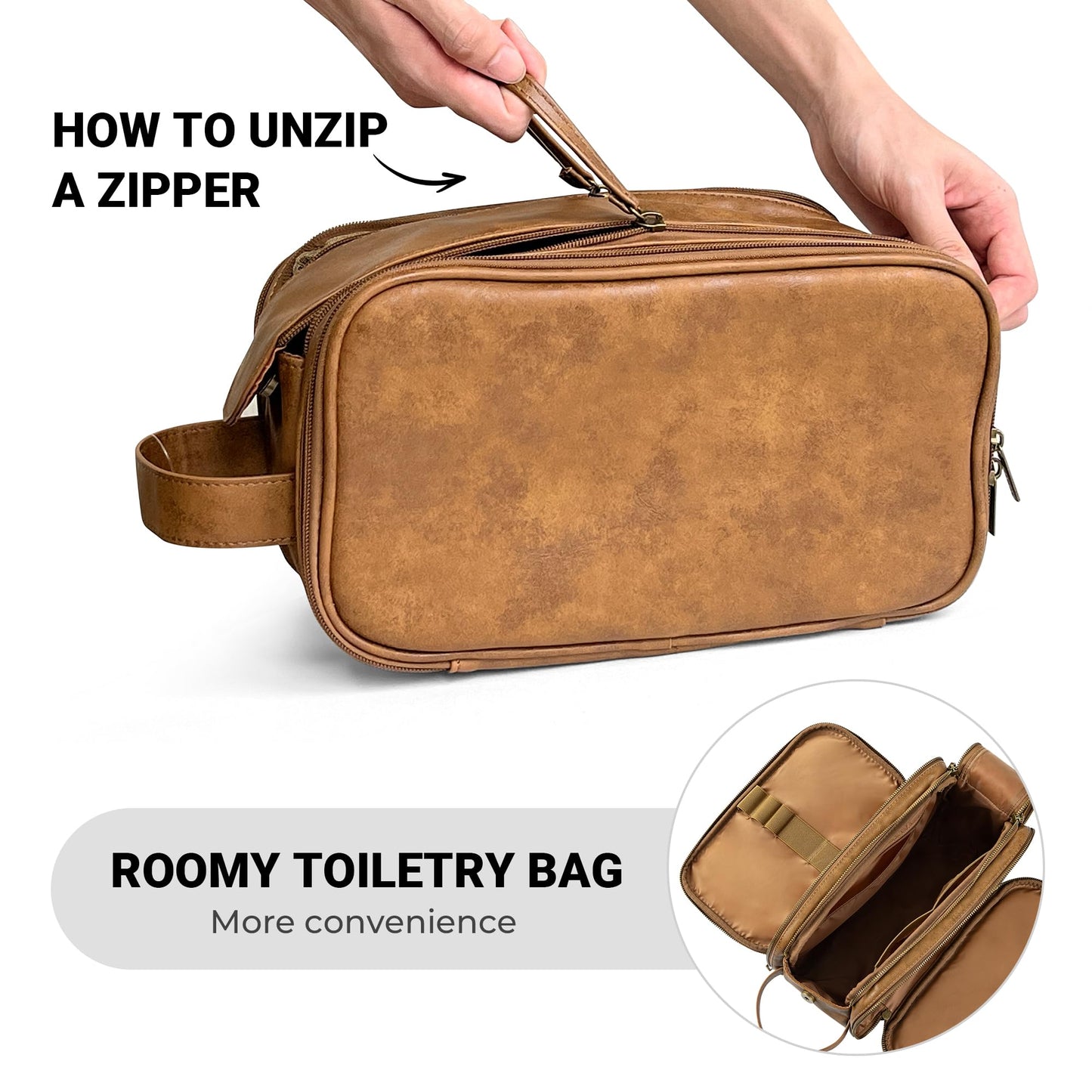 Elviros Men's Toiletry Bag, PU Leather Waterproof Travel Large Opening Toiletry Bag, Suitable for Travel, Business Trip, Gym, Bathroom, Khaki, Size: L