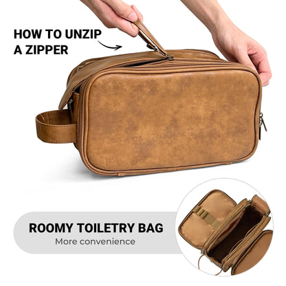 Elviros Men's Toiletry Bag, PU Leather Waterproof Travel Large Opening Toiletry Bag, Suitable for Travel, Business Trip, Gym, Bathroom, Khaki, Size: L
