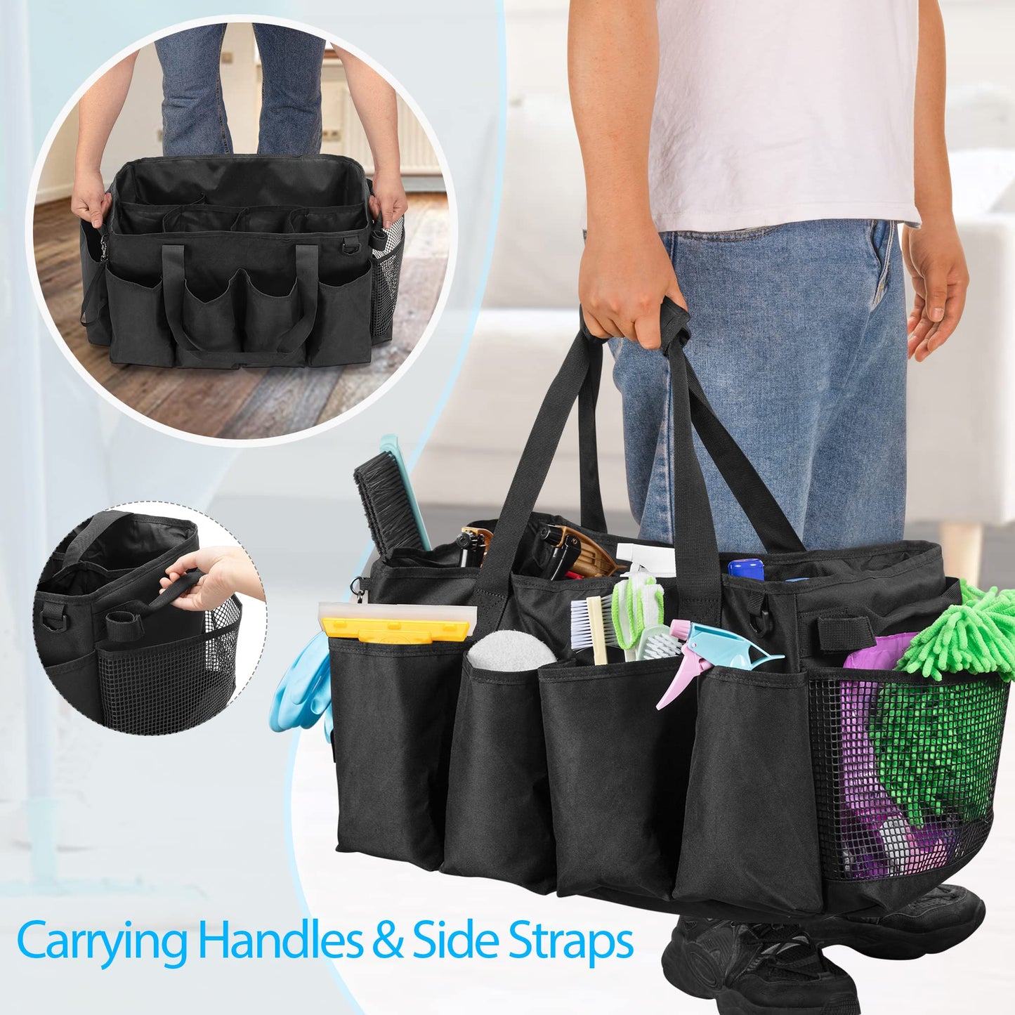 HODRANT Extra Large Cleaning Caddy Organizer, with sturdy pad & handles, Cleaning Storage Bag for Cleaning Products (Black)