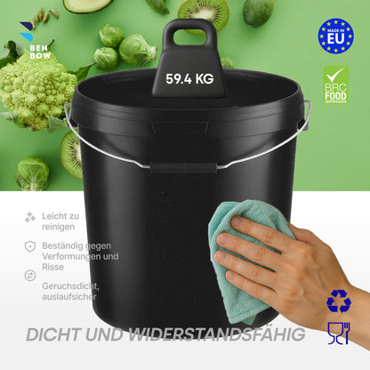 BenBow - Bucket with Lid Black 5X 20 Liters - food-safe stable airtight leak-proof odorless - Plastic storage container with metal handle - Crack-resistant grip, empty - for home