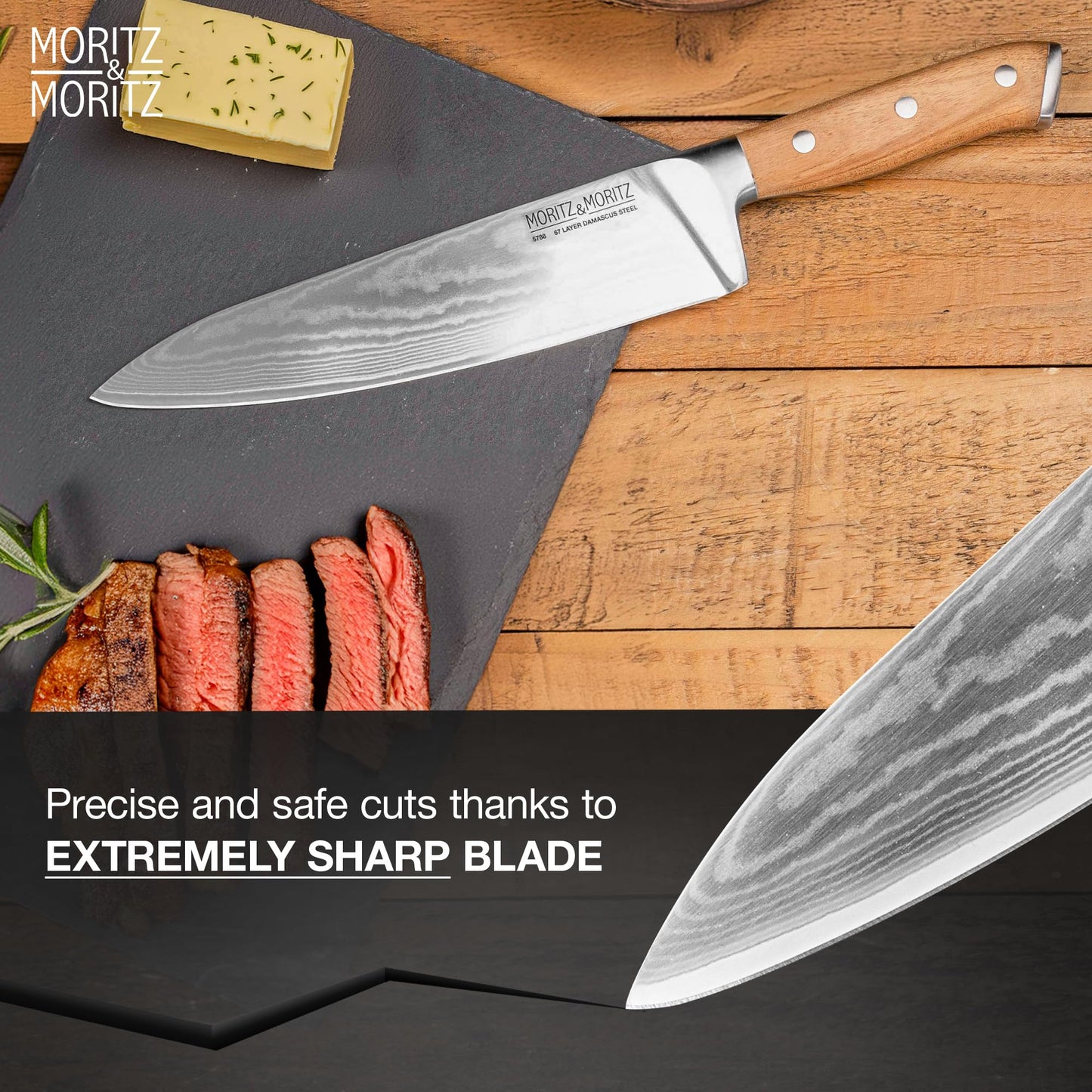 Moritz & Moritz Damascus knife 20 cm - Professional chef's knife made of 67 layers of Damascus steel - Sharp kitchen knife - Japanese chef's knife - Ergonomic handle made of acacia wood - Damascus knife steel
