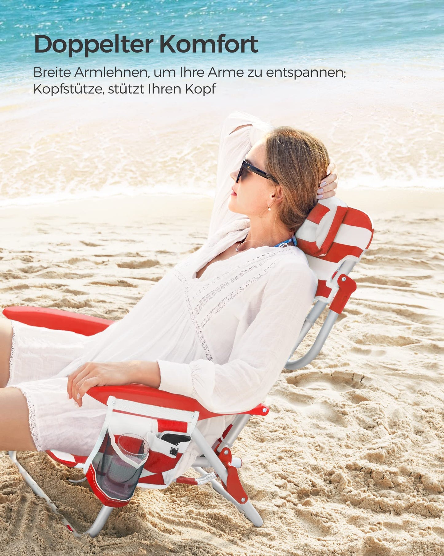 SONGMICS beach chair, camping chair, foldable, with shoulder strap, adjustable backrest, headrest, armrest, 2 side pockets, red and white GCB062R01