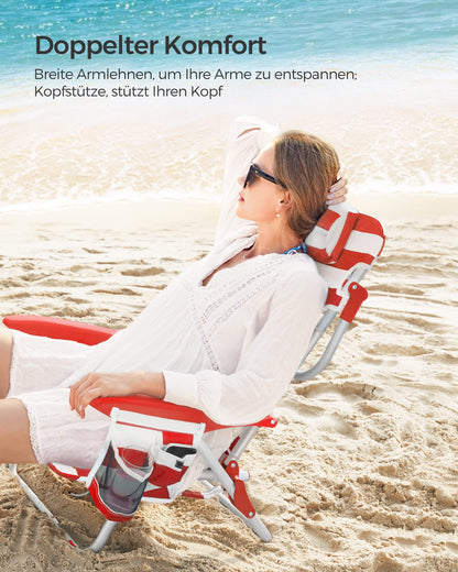 SONGMICS beach chair, camping chair, foldable, with shoulder strap, adjustable backrest, headrest, armrest, 2 side pockets, red and white GCB062R01