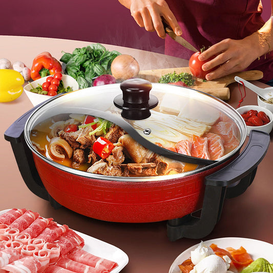 1300W 6L Electric Hot Pot Twin Cooker Fire Pot Yin Yang Hotpot 2 Sided Soup Pot, Electric Stewpan Wok Pan, Hotplate, Non-Stick Chinese Hotpot