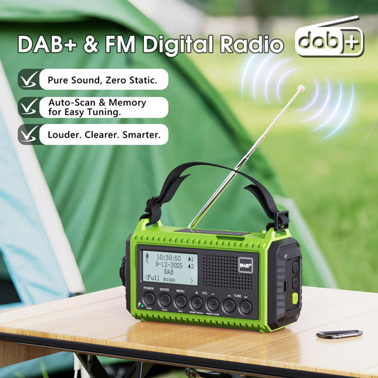 Crank radio DAB/DAB+, emergency radio with 5000mAh rechargeable battery, FM radio, battery radio emergency equipment with LED flashlight & reading light, SOS alarm for camping, emergencies & blackout.