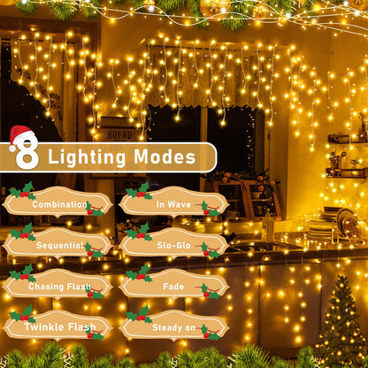 Auriostar Icicle Lights Outdoor 15M, 594 LEDs Christmas Lights Outdoor Warm White with Remote Control, Outdoor String Lights with Timer 8 Modes, Waterproof for Balcony Window House Christmas Decoration.