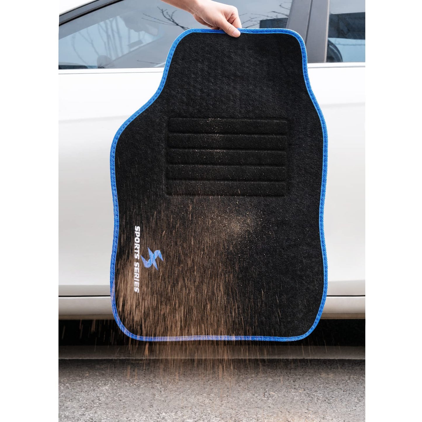 WOLTU car floor mat set with 4 mats, universal all-weather mats with embroidery. Car carpet against water, non-slip heel protectors made of carpet material. Black Blue.
