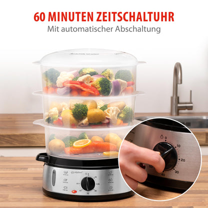 Alpina steamer - steam engine 230V/800W - 3 layer pot - BPA free - steam pot dishwasher safe - ready for use in 0 to 60 minutes - 9 liter capacity - plastic/stainless steel - gray