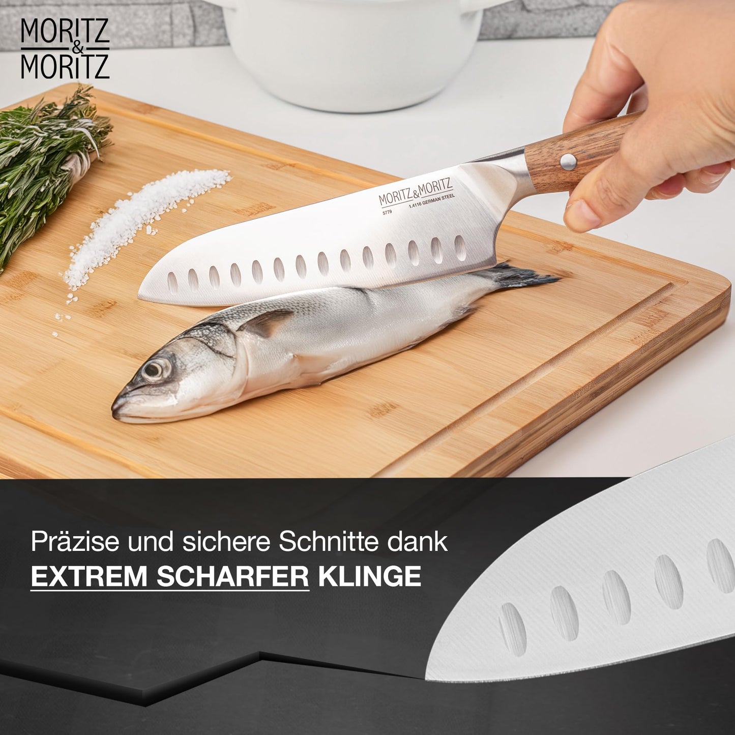 Moritz & Moritz Santoku Knife 18 cm - Professional chef's knife in Japanese style with extra sharp blade - Kitchen knife for meat, sushi etc. - Ergonomic acacia wood handle - German knife steel