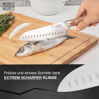 Moritz & Moritz Santoku Knife 18 cm - Professional chef's knife in Japanese style with extra sharp blade - Kitchen knife for meat, sushi etc. - Ergonomic acacia wood handle - German knife steel