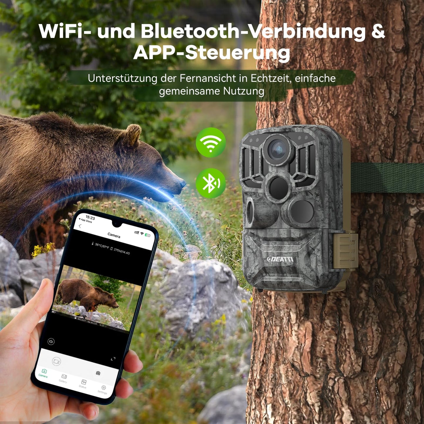 DEATTI trail camera with mobile transmission app, 4K 48MP HD WiFi Bluetooth trail camera with motion sensor night vision, 120° wide angle wildlife camera, IP66 waterproof, 32GB SD card and 8AA batteries.