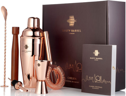 Rusty Barrel Chelsea Cocktail Set for Mixing - Rose Gold Gift Set Manhattan Stainless Steel Cocktail Shaker, Muddler, Strainer, Jigger, Pourer, Spoon, Bag, and Recipe Book - with Gift Box