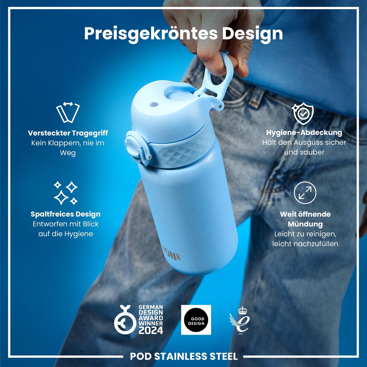 ion8 Kids Water Bottle, Stainless Steel Light 400ml, Not Insulated, Leak Proof, One-Hand Opening, Secure Locking, Dishwasher Safe, Foldable Lid, Handle, Easy to Clean, Alaska Blue