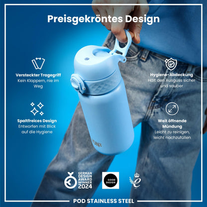 ion8 Kids Water Bottle, Stainless Steel Light 400ml, Not Insulated, Leak Proof, One-Hand Opening, Secure Locking, Dishwasher Safe, Foldable Lid, Handle, Easy to Clean, Alaska Blue