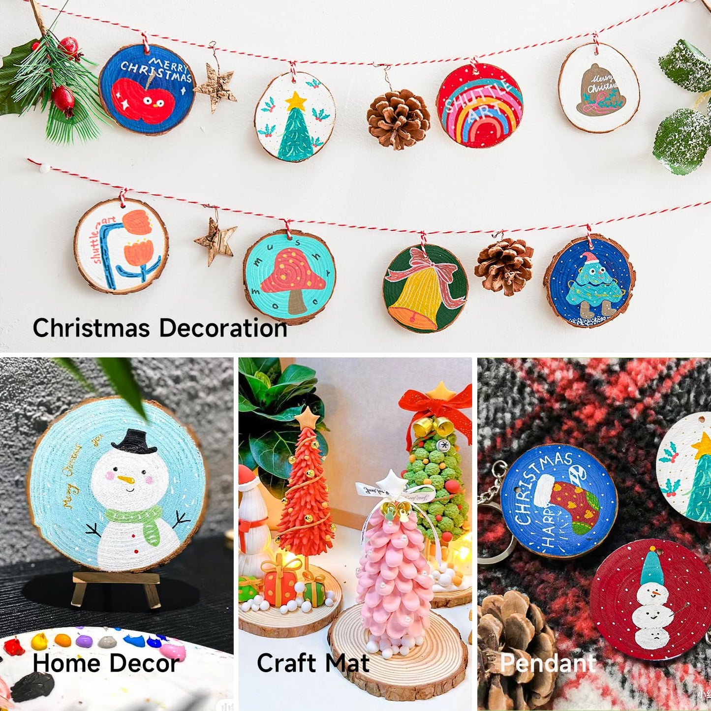 Shuttle Art Wooden Discs for Crafts, 70 Pieces 7-8cm Pre-Drilled Tree Slices with Hole, Natural Wood Slices for Painting with Acrylic Paints and Permanent Marker, Wood Circles, Suitable for Children, Christmas Decoration.