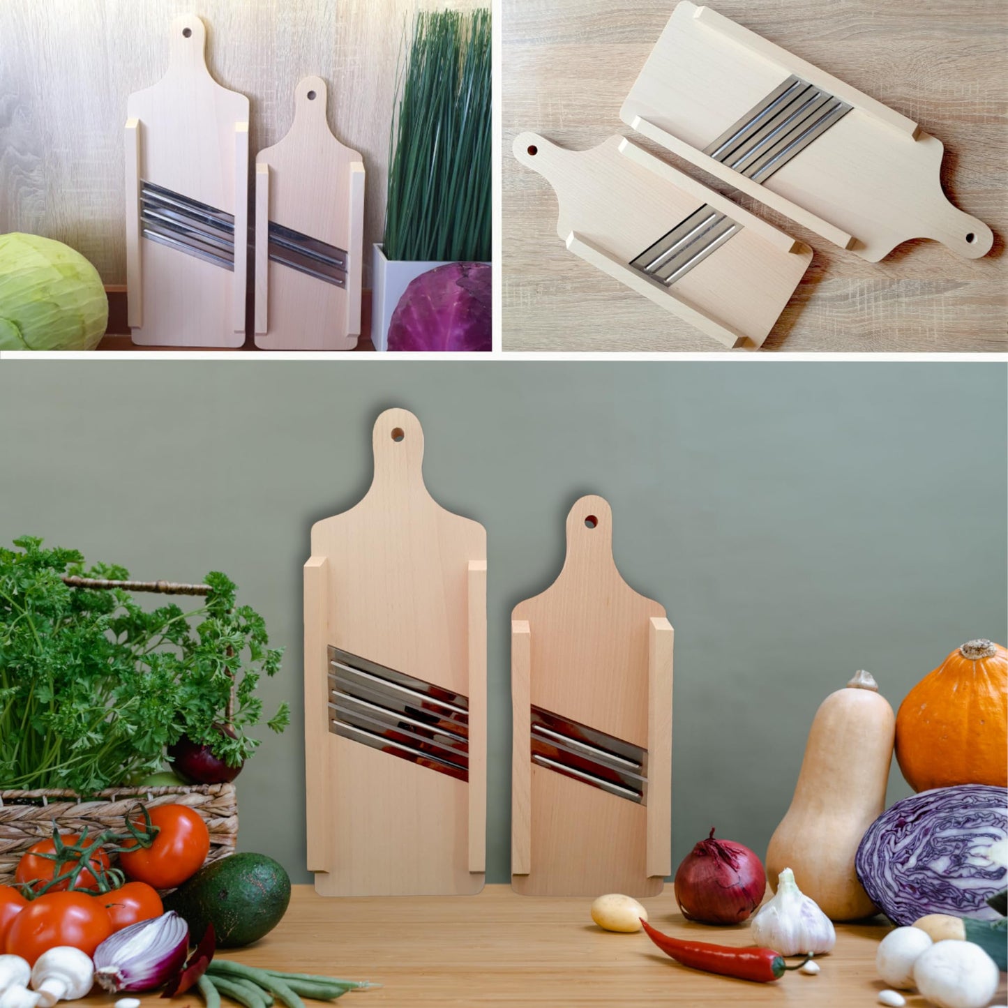 OSTENTO Cabbage Slicer | Mandoline Vegetable Slicer Wood - Cabbage Grater Cabbage Cutter Kraut Cutter Vegetable Slicer Sauerkraut Slicer Cucumber Slicer Potato Slicer - Made in EU (2 Blades)