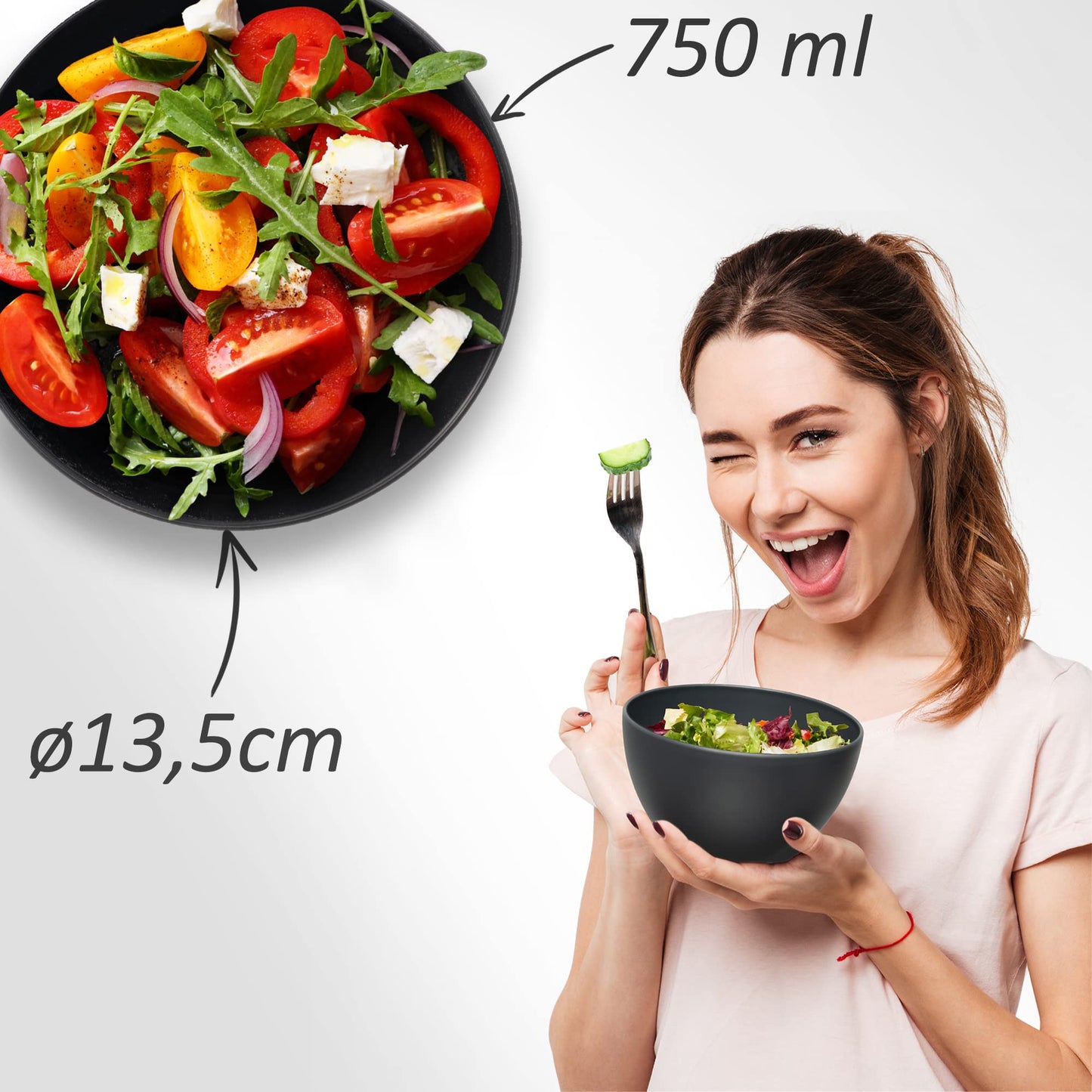 Household Cereal Bowls 12 piece set, shatterproof plastic bowls and dishes, can be used as soup bowls, bowls, and dessert bowls (Matte Anthracite Black, 12 x 750 ml)