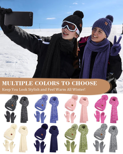 Comfortable charging women's winter warm beanie hat touchscreen gloves long scarf set with fleece lining, thermal winter hat pom pom beanies scarves winter gloves women's gift, apricot