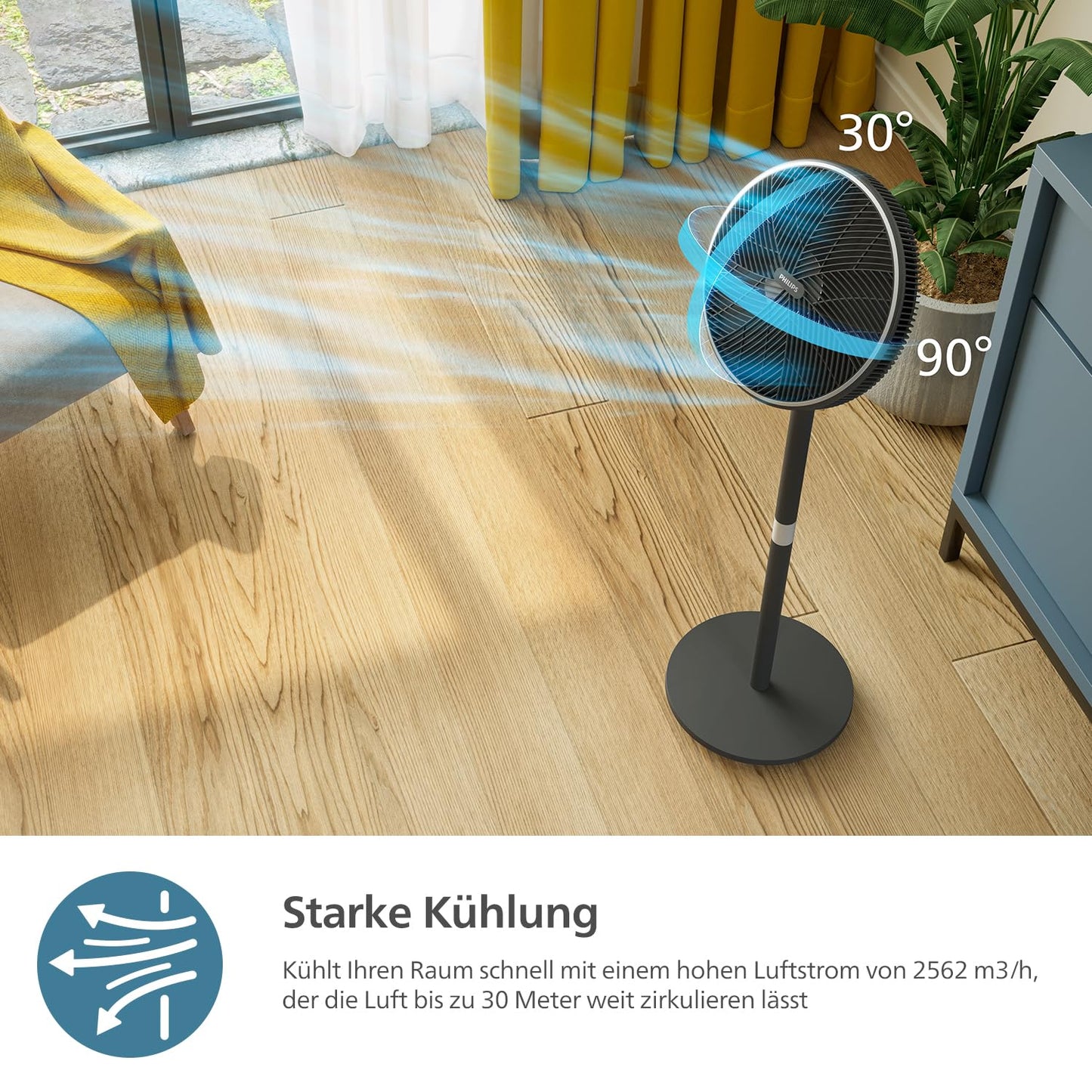 PHILIPS Smart Stand Fan Series 3000. Powerful & extremely quiet SilentWings technology. 19 dB. 2-in-1 table & stand fan. Adjustable tilt & oscillation. App control. 12-hour timer. Black (CX3550/01)