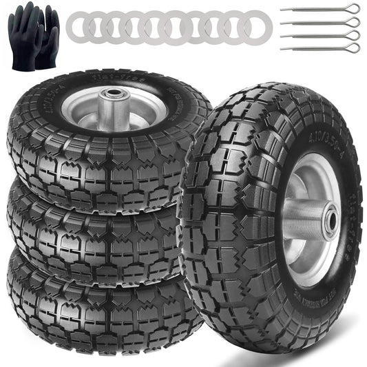 4 pieces of hand truck wheelbarrow wheels with solid rubber tires - solid rubber tires 4.10 3.50-4, wagon replacement wheels 260 x 85 mm, wheel axle 16mm