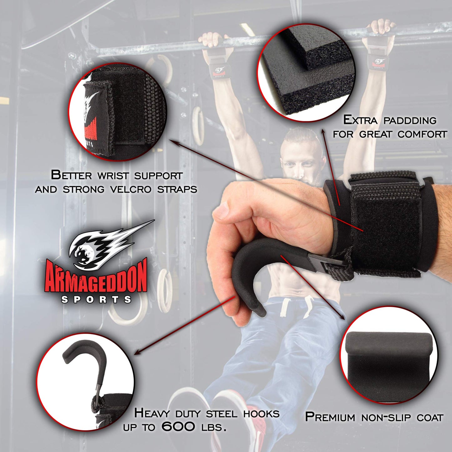 Lifting straps support strength training fitness hooks. Power metal hooks used for weightlifting. Wristbands made of neoprene and padded for deadlifts in the gym. Grip straps for added support.