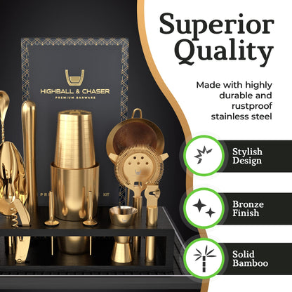 Highball & Chaser bartender set with black bamboo stand, elegant cocktail shaker set and bar tools, stainless steel, Boston shaker, bartender kit with stand (antique gold)