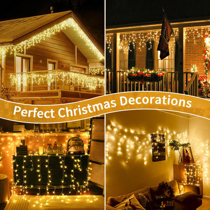 Auriostar Icicle Light String Outdoor, 7.5M 306 LED Warm White Outdoor String Light with Timer 8 Modes, IP44 Waterproof Outdoor Christmas Lighting for Balcony Window House Outdoor Christmas Decorations