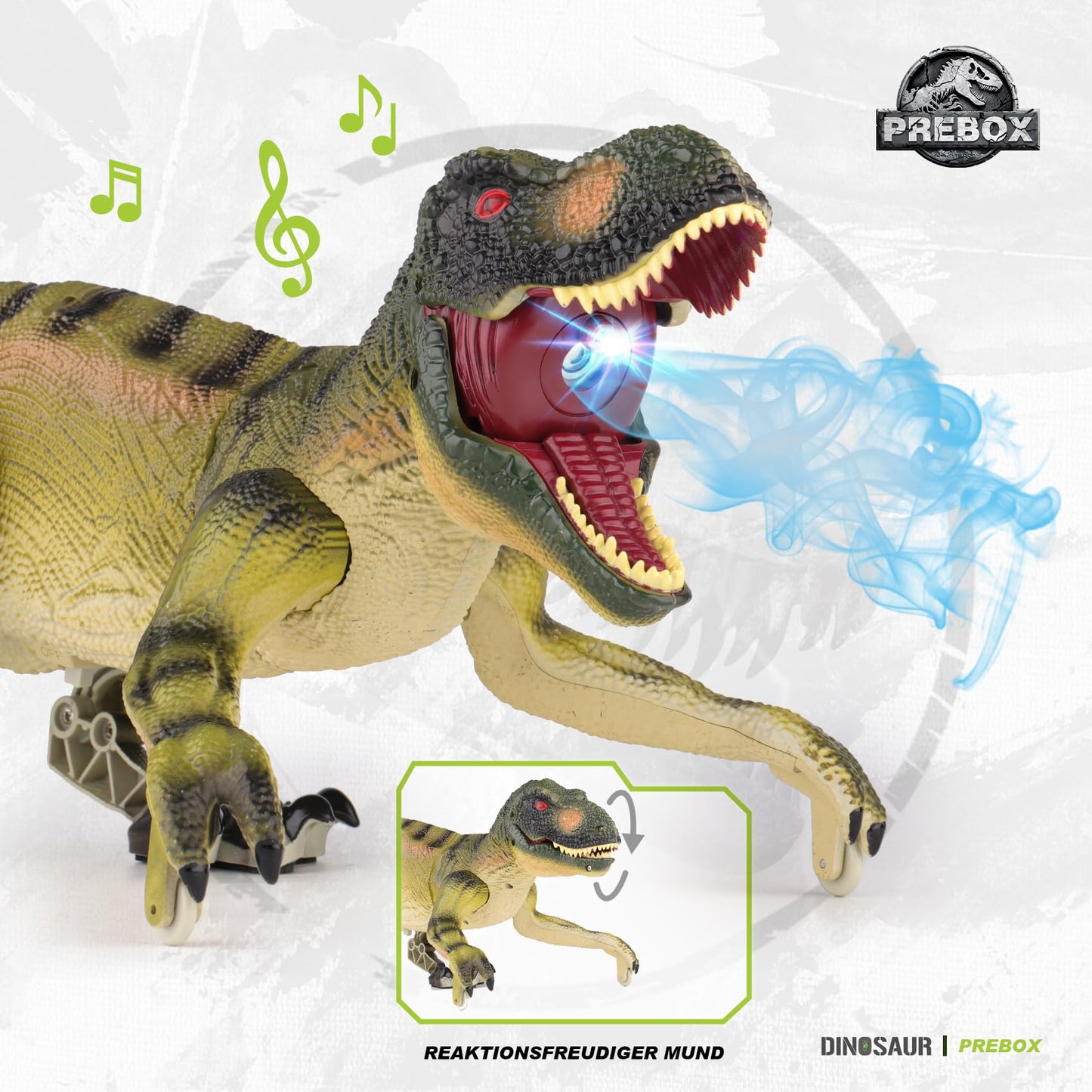 PREBOX Remote Control Dinosaur Toy for Boys, RC Dino Robot with Roaring, Spraying Function, Head and Tail Movements, Realistic Walking Movements, Gift for Kids 3-12 Years