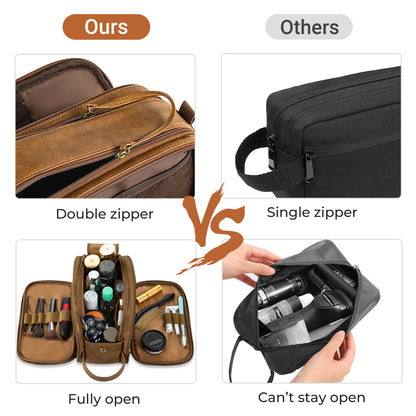 Elviros Men's Toiletry Bag, PU Leather Waterproof Travel Large Opening Toiletry Bag, Suitable for Travel, Business Trip, Gym, Bathroom, Khaki, Size: L