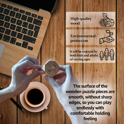 Wooden puzzle set of 9 pieces, including brain teasers, skill games, logic games, IQ games, and patience games. 3D mini puzzles for adults and kids, measuring 4.5cm. Great gift idea.