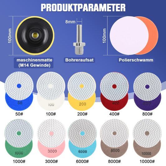 16 pieces 100mm diamond polishing pads including M14 rubber support pad, wool felt, foam polishing pad, 8mm drill attachment, 50-10000 diamond grinding disc for tile grinding disc marble.