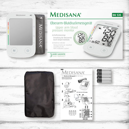 medisana BU 535 Voice upper arm blood pressure monitor with voice output, blood pressure and pulse measurement with memory function, traffic light scale, blood pressure cuff with detection of an irregular heartbeat.