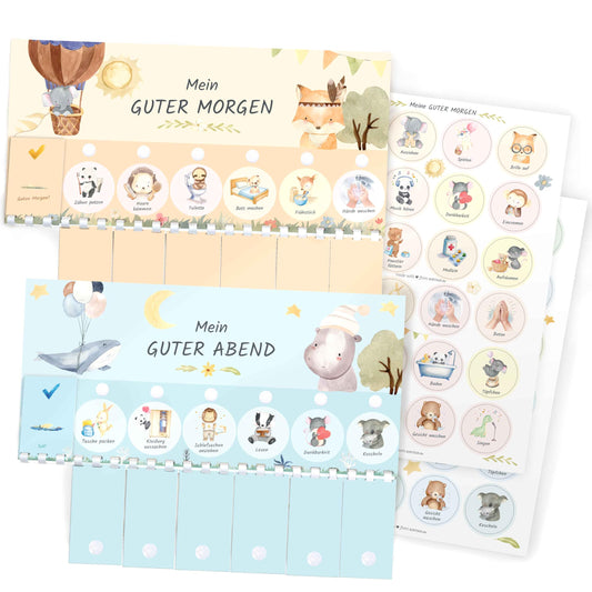 Morning and evening routines for kids - Routine planner for morning and evening: Animals (DIN A4 daily plan with flaps, Handmade in Germany) Checklist with Velcro dots to flip.
