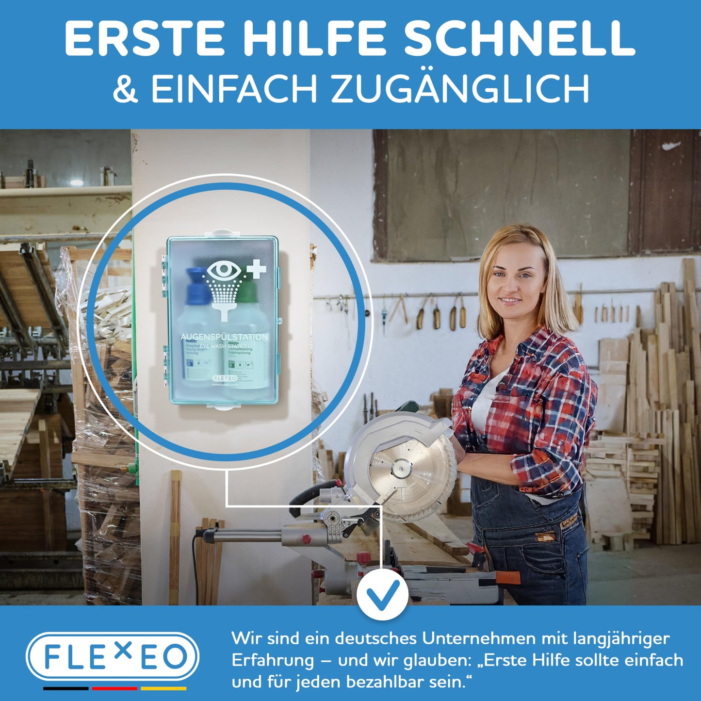 FLEXEO Eye wash station incl. (1x 500 ml NaCl saline solution + 1x 250 ml phosphate buffer solution) with wall mount – eye flushing – eye shower – sterile NaCl eye wash solution – pH-neutral