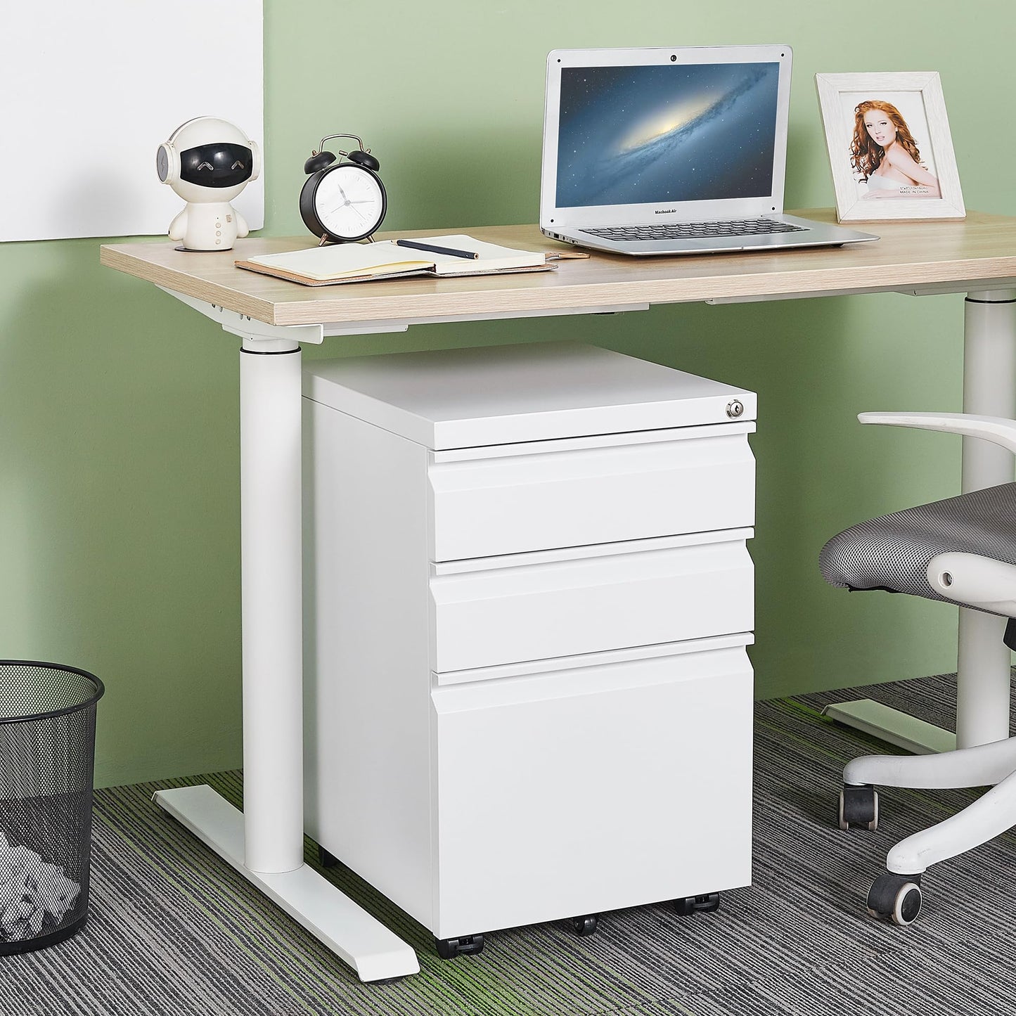 LVSTEEL rolling file cabinet, fully assembled with lock, under desk metal cabinet for home office, mobile printer stand for A4/files.