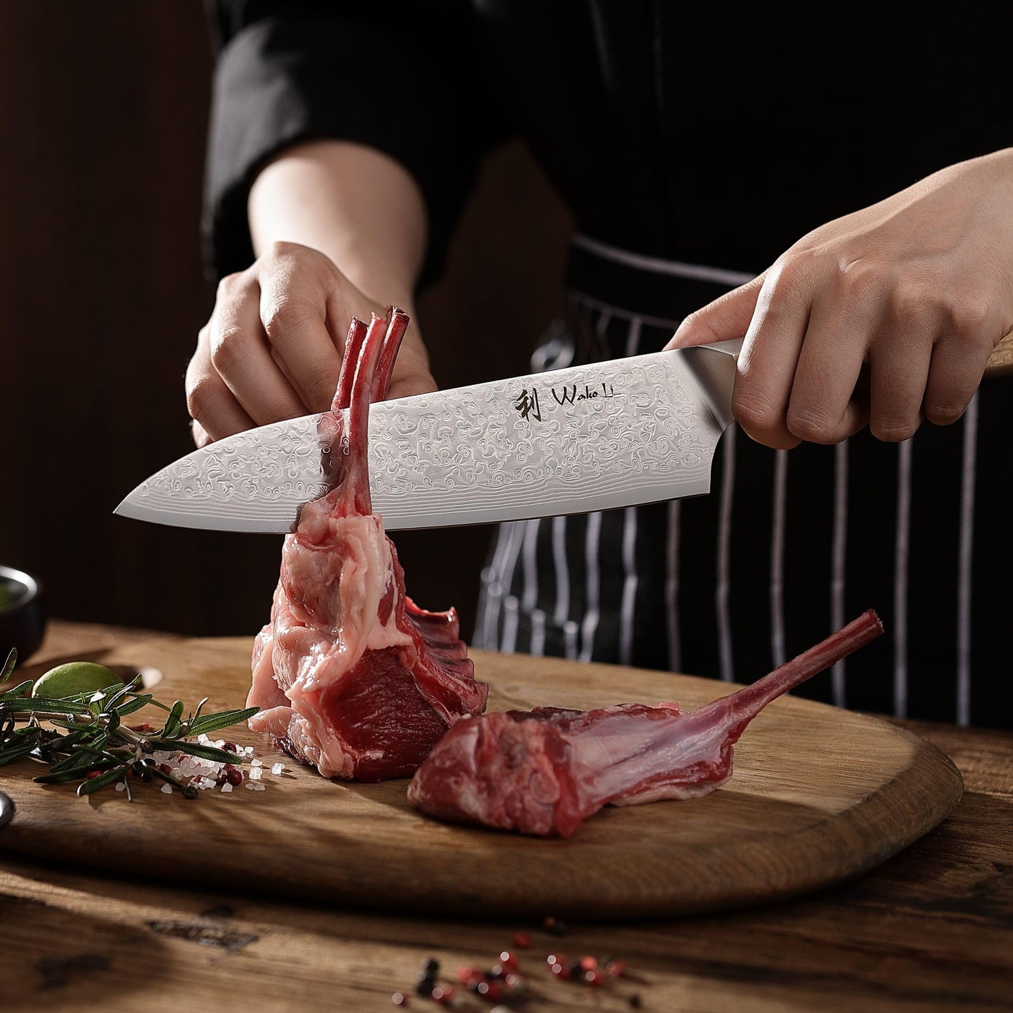 Wakoli Oribu Kiritsuke Knife 20 cm - Kitchen knife made of 67 layers - Damascus knife with VG10 core, extra sharp, olive wood handle, versatile for meat, fish, vegetables, gift box, full tang knife sharp