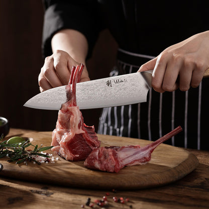 Wakoli Oribu Kiritsuke Knife 20 cm - Kitchen knife made of 67 layers - Damascus knife with VG10 core, extra sharp, olive wood handle, versatile for meat, fish, vegetables, gift box, full tang knife sharp