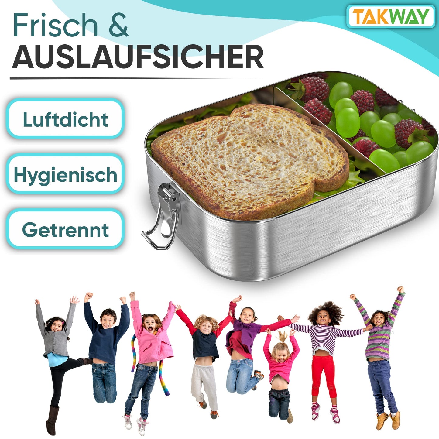 TAKWAY stainless steel lunchbox for kids with compartments 800ml | Leakproof | Bento box with adjustable dividers | Snack box lunchbox for kindergarten school (soccer, divider)