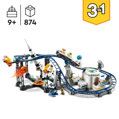 LEGO Creator 3-in-1 Space Roller Coaster, build a toy fairground with working cars & Technic Mack LR Electric Garbage Truck, a garbage truck model for recycling role play.