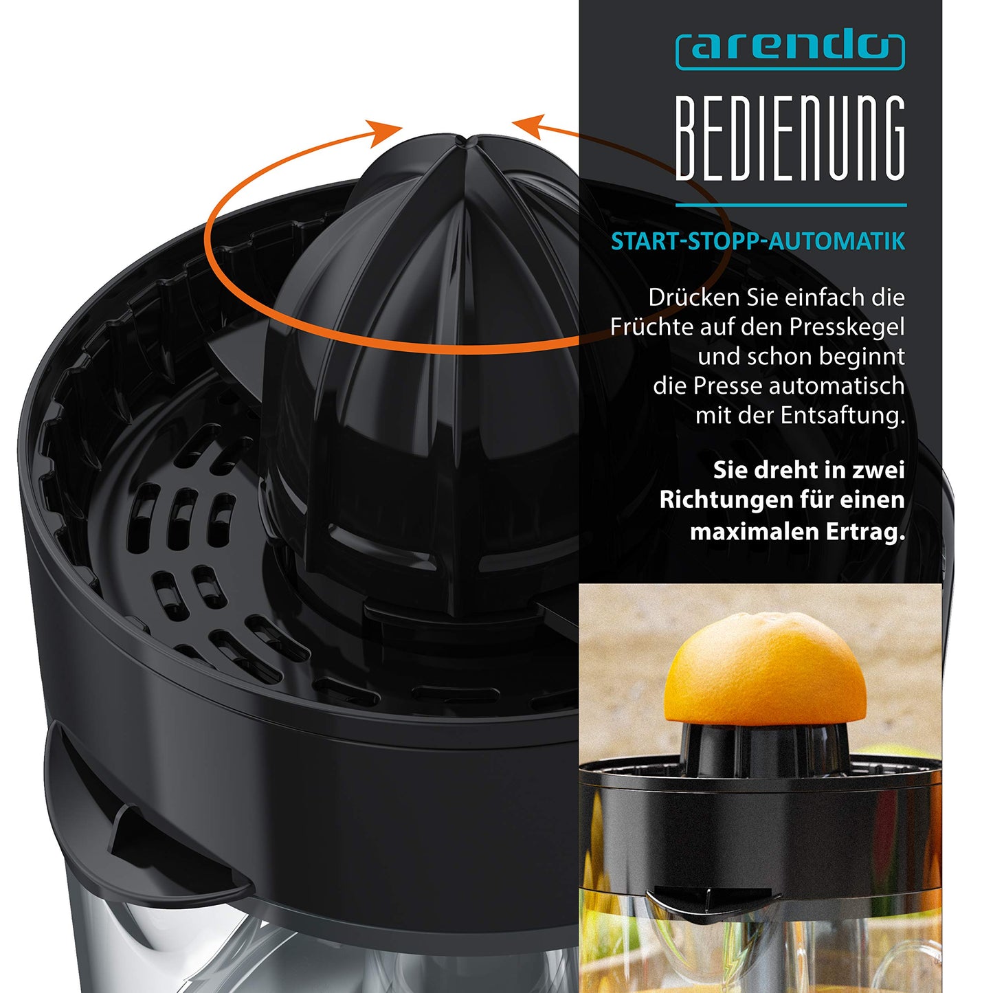 Arendo - Stainless Steel Electric Citrus Juicer - Lemon Juicer Orange Juicer Lime Juicer Juicer - 1.2 liter fruit juice container - Press cone with two rotation directions - BPA free