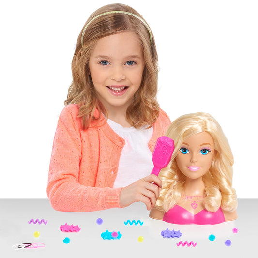 Just Play Barbie Blonde Hair Styling Head 20cm with 20 accessories for styling fun, for ages 3 and up.